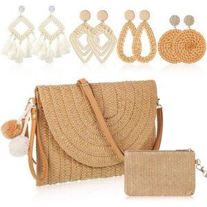 NEW Women Woven Boho Bag SET With 4 Earrings & Purse